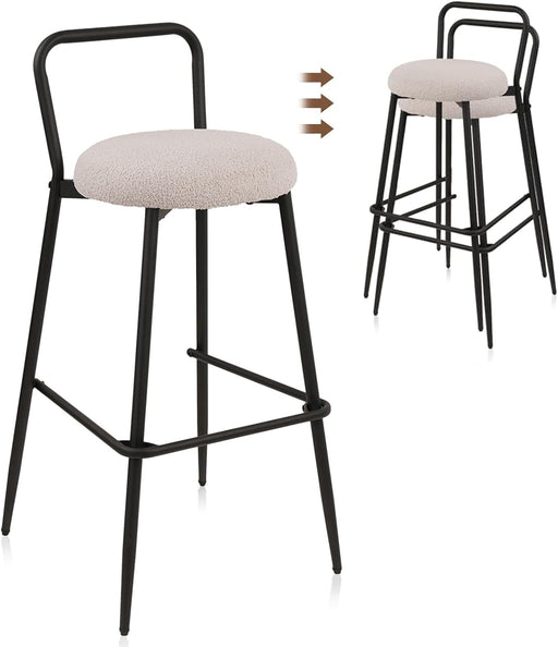 Stackable Bar Stool Set of 3, Counter Height Bar Stools, 28 Inches Boucle Fabric Barstools with Backrest and Handle, Reinforced Metal Leg Footrest for Kitchen Island, Dining Room, Pub, Grey
