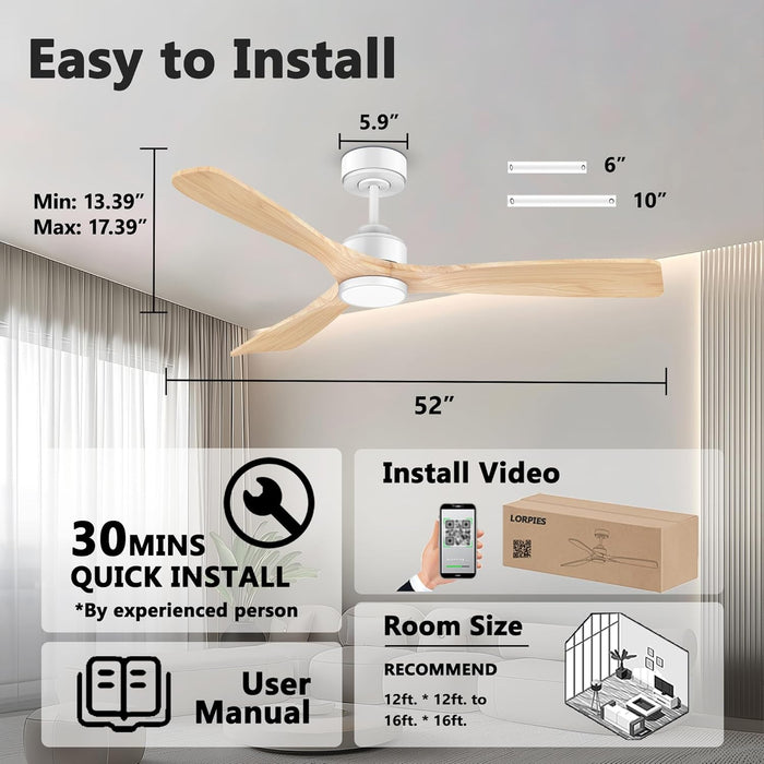 52 Inch Wood Smart Ceiling Fans with Lights Remote,Voice Control via WIFI Alexa App,Quiet DC Motor,Outdoor Indoor Ceiling Fan,Dimmable,Modern Light Wood Lighting & Fan for Bedroom Patio Porch