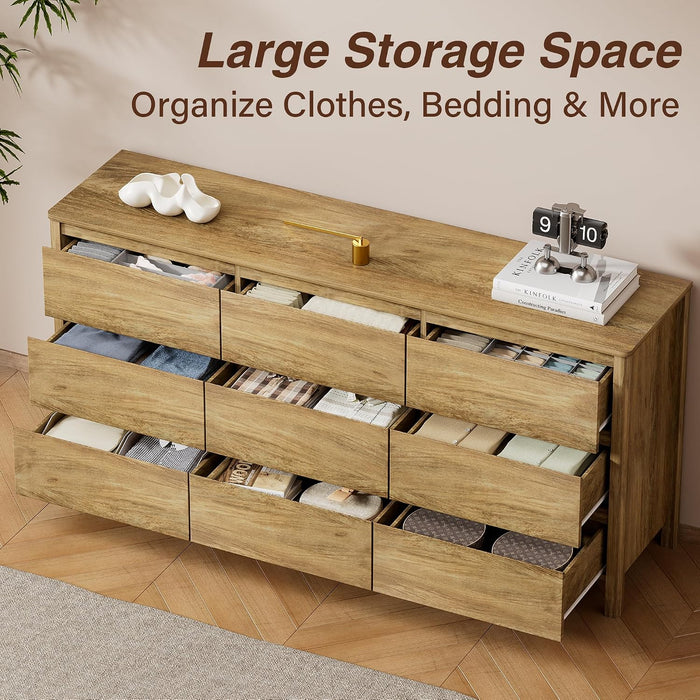63" Wide 9 Drawer Wood Dresser for Bedroom with Legs, Natural Oak