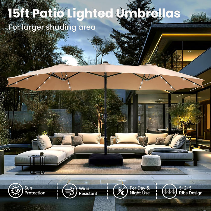 15Ft Large Patio Umbrella with Base&Solar Lights,Rectangle,Beige | Outdoor Double-Sided Rectangular Umbrella with Stand, 36Pcs LED Lights, Triple Head, Heavy Duty, UV Resistant, for Outside