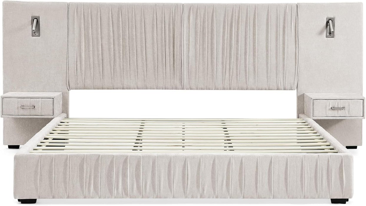 Queen Size Bed Frame with Built-In LED Lights and Nightstands, Chenille Upholstered Queen Platform Bed with Oversize Headboard,Pleated Design Grounded Bed,No Box Spring Needed,Beige