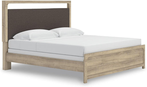 Signature Design by Ashley Hollymount King Size Bedframe, Bed Frame with Upholstered Panel Headboard, Touch LED Lighting with 3 Brightness Levels, Warm Oak Finish