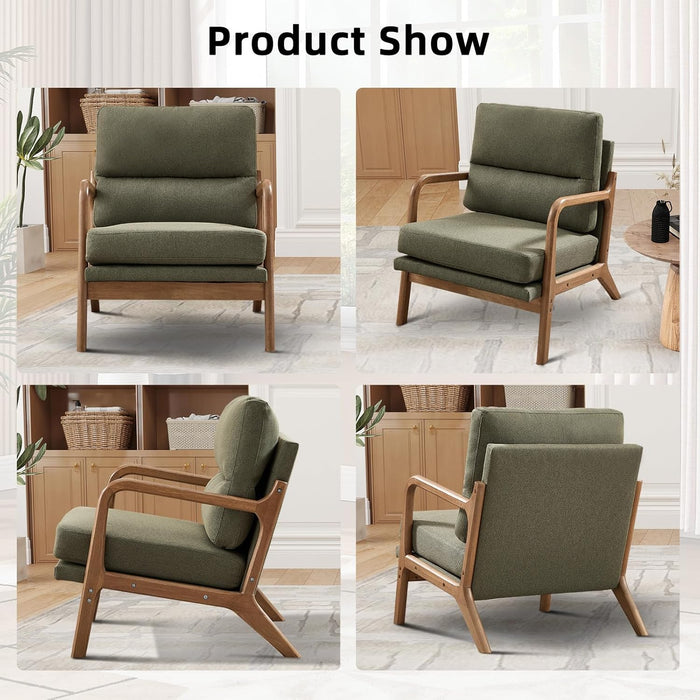 Mid Century Modern Accent Chair, Linen Fabric Upholstered Lounge Arm Chair with Solid Wood Frame and Soft Cushion for Living Room, Bedroom, Balcony (1, Green)