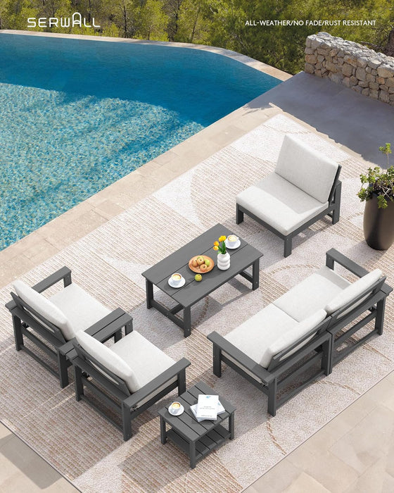 HDPE Outdoor Patio Furniture Set, 7-Piece Outdoor Sectional Patio Conversation Set, All Weather Outdoor Couch Set Patio Sofa Set for Deck, Lawn, Grey Frame with Khaki Cushion