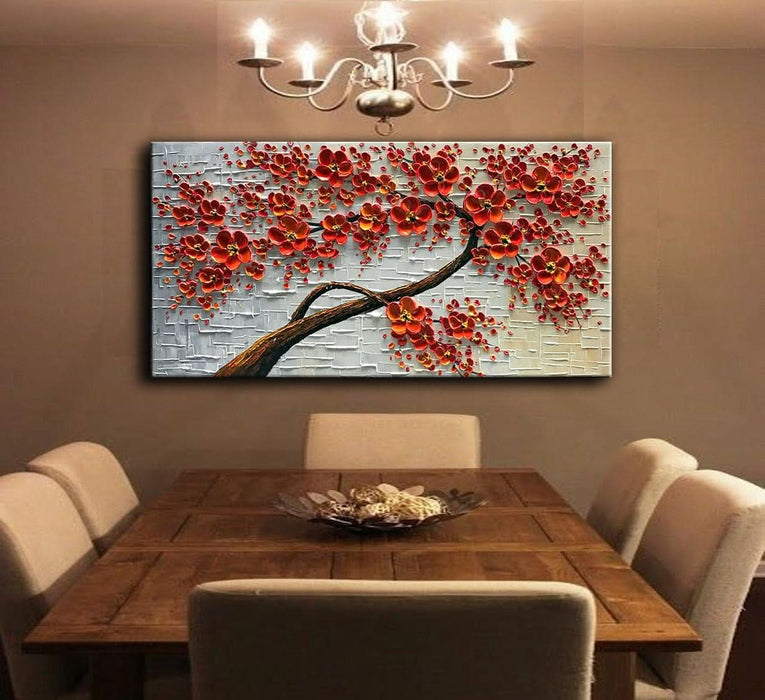 - Hand-Painted Oil Painting on Canvas Texture Palette Knife Red Flowers Paintings Modern Home Decor Wall Art Painting Colorful 3D Flowers Tree Paintings Ready to Hang 24X48Inch
