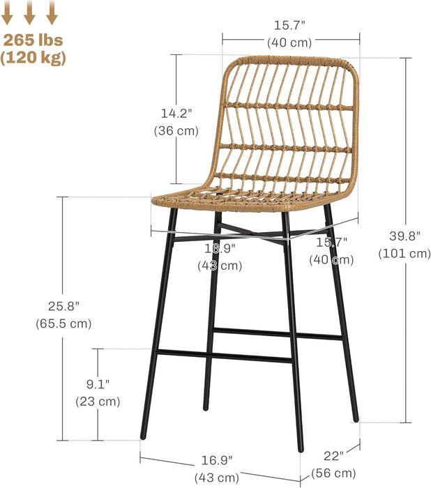 Rattan Counter Height Bar Stools Set of 2, 26" Wicker Barstools with Back, Modern Bar Chairs for Kitchen Island, Kitchen Counter and Dining Room, Brown