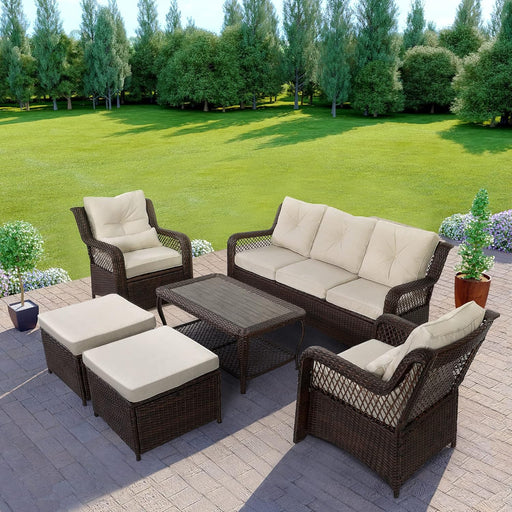 6 Pieces Patio Furniture Set, Wicker Patio Conversation Sets, Outdoor Sectional Rattan Sofa Chairs with Coffee Table, High Back, Ottoman, Cushions for Porch, Deck, Garden, Backyard (Beige)