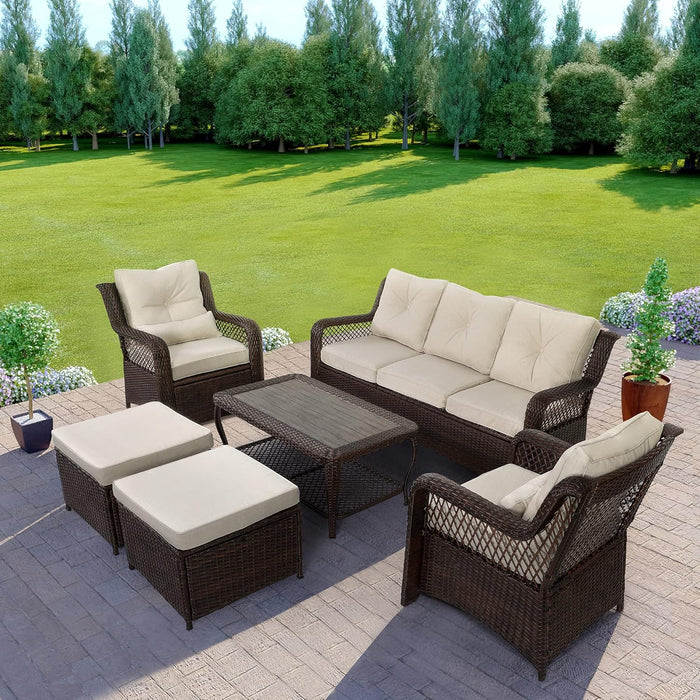 6 Pieces Patio Furniture Set, Wicker Patio Conversation Sets, Outdoor Sectional Rattan Sofa Chairs with Coffee Table, High Back, Ottoman, Cushions for Porch, Deck, Garden, Backyard (Beige)