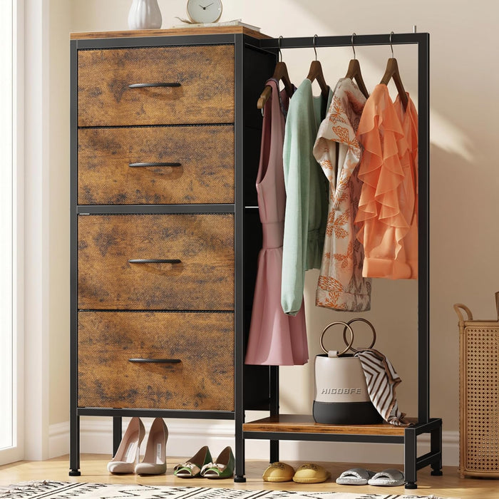 Tall Dresser 44''H with Hanging Rack, 4 Drawers Small Closet Dresser for Bedroom, Reversible Fabric Chest of Drawers with Clothes Rack, Tall Storage Tower, Sturdy Frame, Rustic Brown