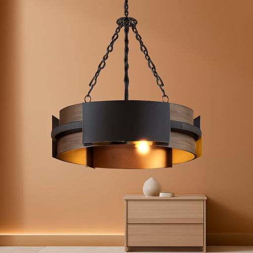 Modern Farmhouse Chandelier 19.7" Industrial Drum Pendant Lighting Fixture Large 4-Light Black Walnut Grain Finish for Dining Room Kitchen Island Office Living Room