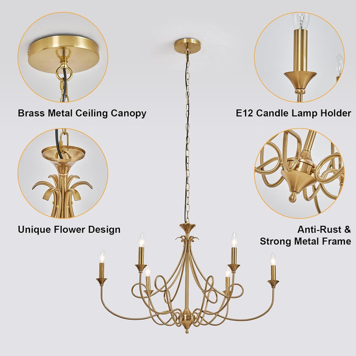 6-Light Modern Chandelier 36.6" Brass Candle Chandeliers Metal Gold Pendant Light Fixture for Dining Room Living Room Kitchen Island Foyer Entryway, E12 Base