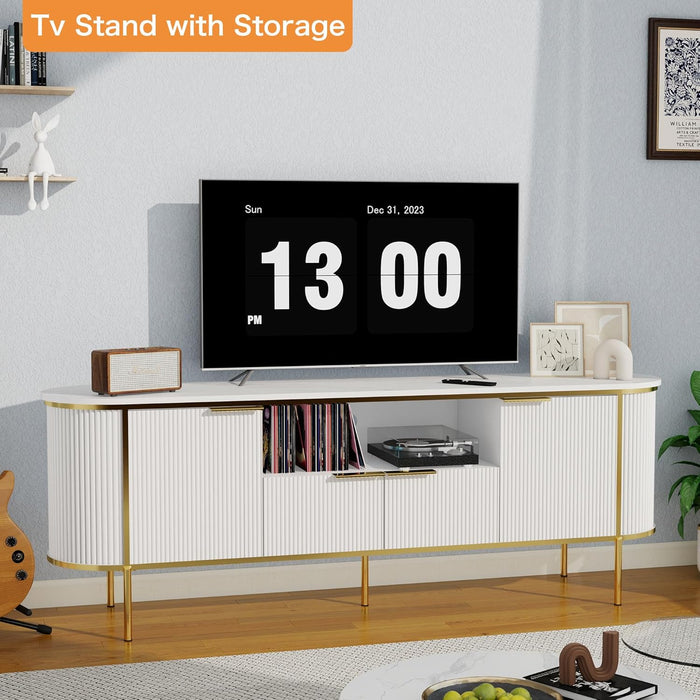 White Tv Stands for Living Room: 70" Tv Console Table with Storage, Modern Entertainment Center with Doors, Fluted Media Console Cabinet with Metal Legs (White, 70 Inch TV Stand)
