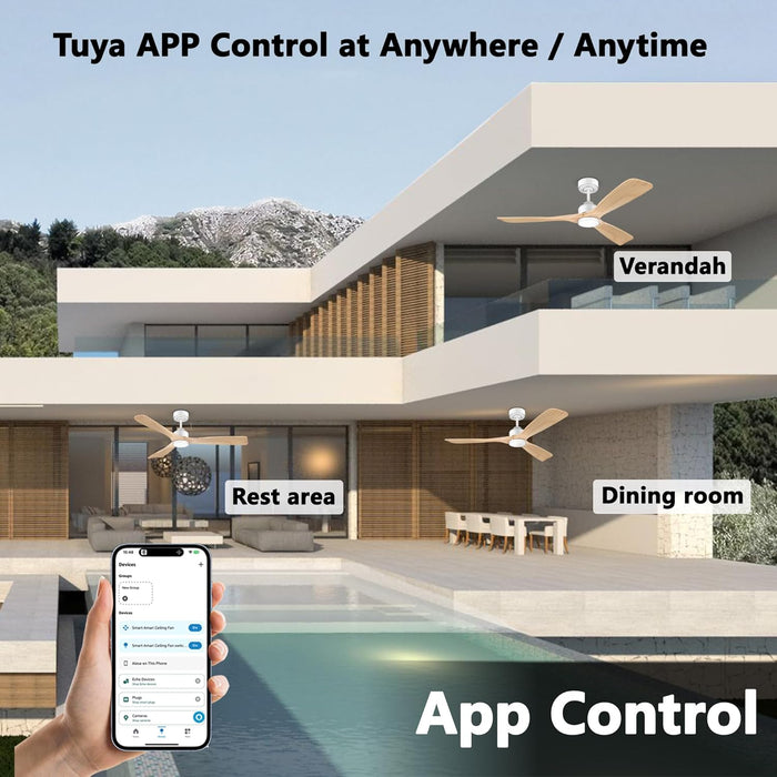 52 Inch Wood Smart Ceiling Fans with Lights Remote,Voice Control via WIFI Alexa App,Quiet DC Motor,Outdoor Indoor Ceiling Fan,Dimmable,Modern Light Wood Lighting & Fan for Bedroom Patio Porch