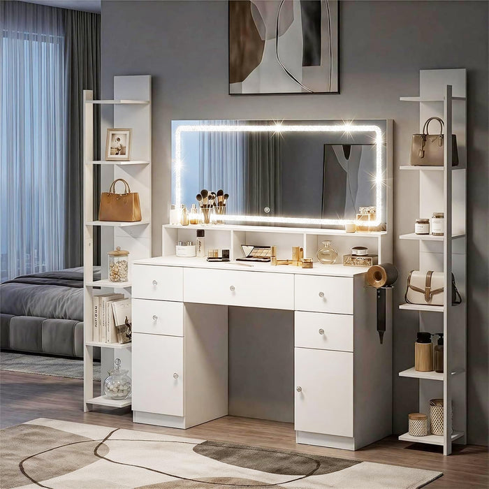 45" Large Makeup Vanitys with Mirror & Lights,Big Vanity Desk with 2 Side Shelves & Adjustable Brightness 3 Color Crystal Sparkle Led,Charging Station,26 Storage Areas for Girls Women White
