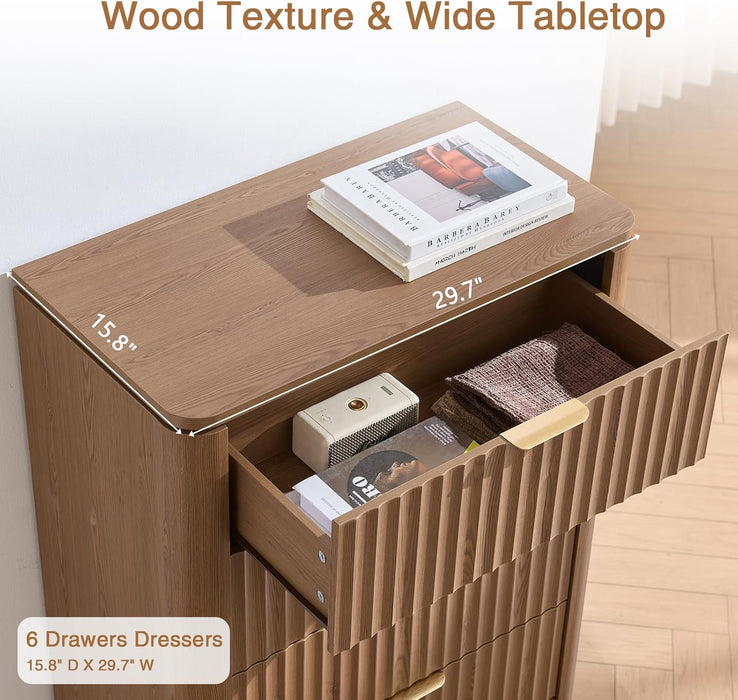 Fluted 5 Drawers Dresser for Bedroom, 45.3" Tall Modern Chest of Drawers with Metal Handle, Natural Wooden Dresser TV Stand Boho Deep Drawer Dresserfor Bedroom Living Room-Brown