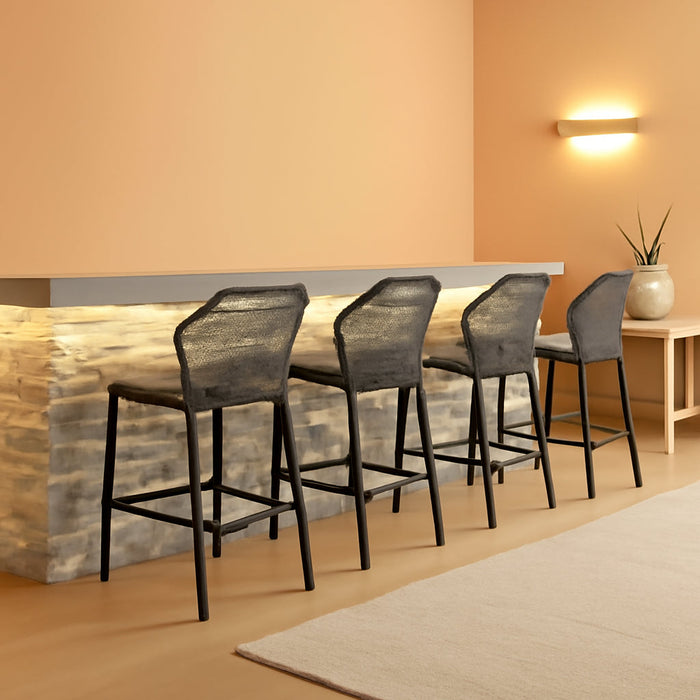 Counter Height Bar Stools Set of 4 Woven Aluminum Modern Barstools with Back and Arms for Patio Balcony Pool Accent Outdoor Kitchen Counter Stool Chairs