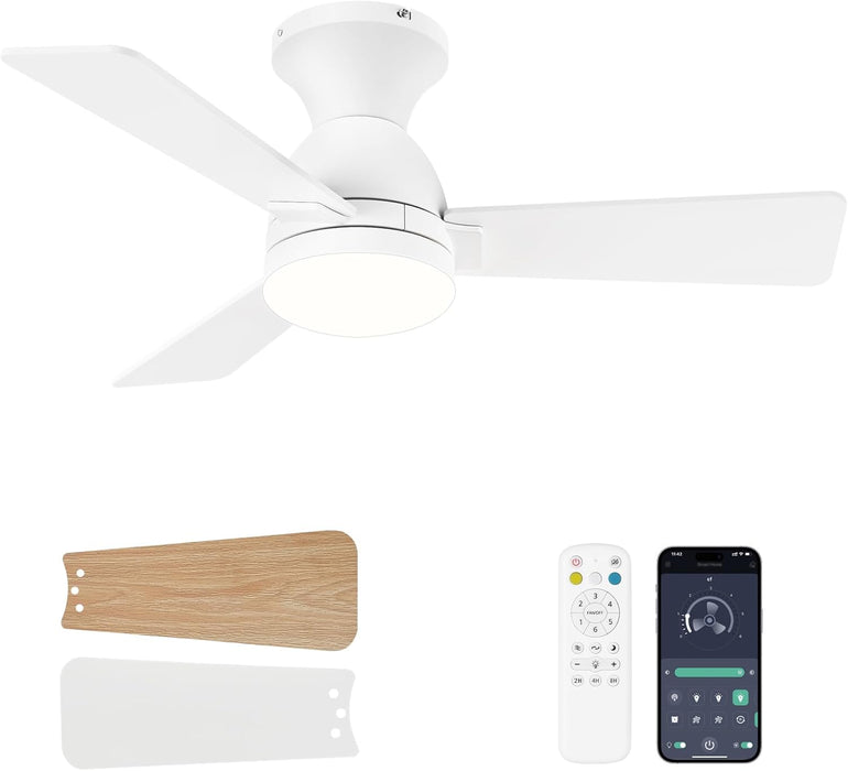 Ceiling Fans with Lights and Remote, 36 Inch Ceiling Fan with Light, Low Profile, Reversible, Dimmable LED, Flush Mount, Quiet, DC Motor, White Ceiling Fan for Bedroom, Kitchen, Office