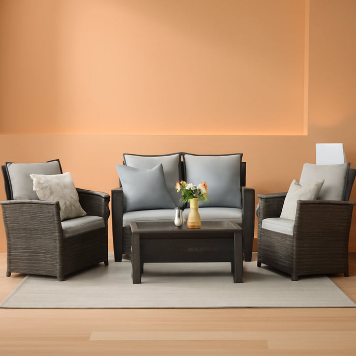 4 Piece Outdoor Patio Furniture Sets, Wicker Conversation Set for Porch Deck, Gray Rattan Sofa Chair with Cushion
