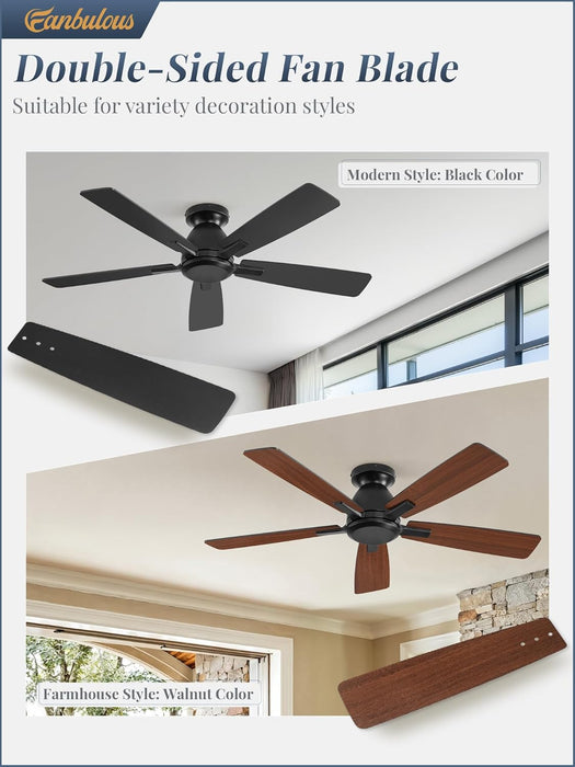 46 Inch Flush Mount Ceiling Fan No Light with Remote,Black Modern Low Profile Ceiling Fan without Light,6-Speeds,Quiet Reversible DC Motor,Indoor&Outdoor Ceiling Fans for Bedroom,Living Room