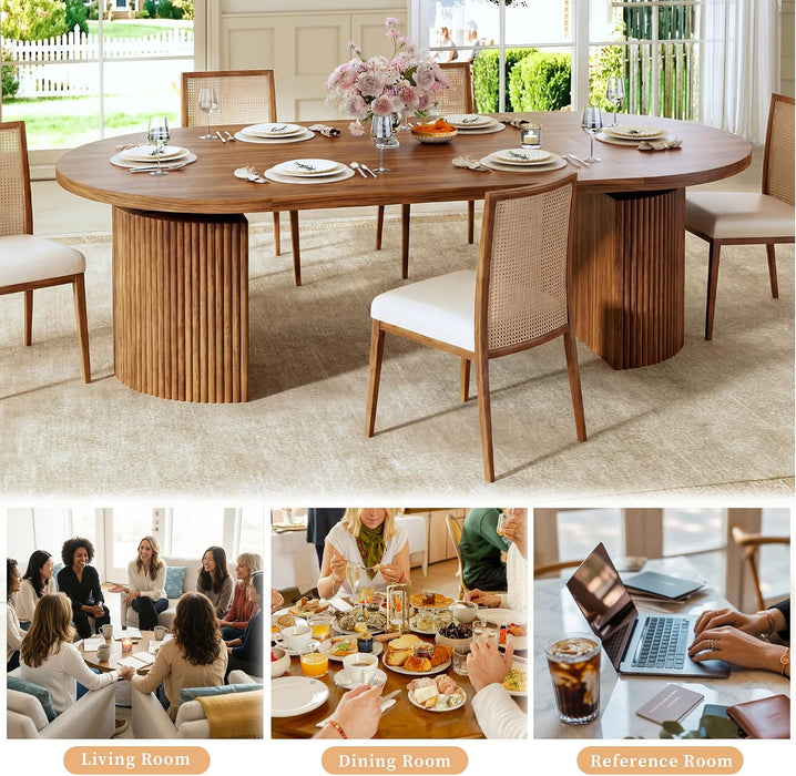 Extendable round Dining Table for 4-8, 39In-77In Long Large Kitchen Table with Fluted Base, Space Saving Modern Farmhouse Oval Dinner Tables for Dining Room, Kitchen, Living Room, Brown