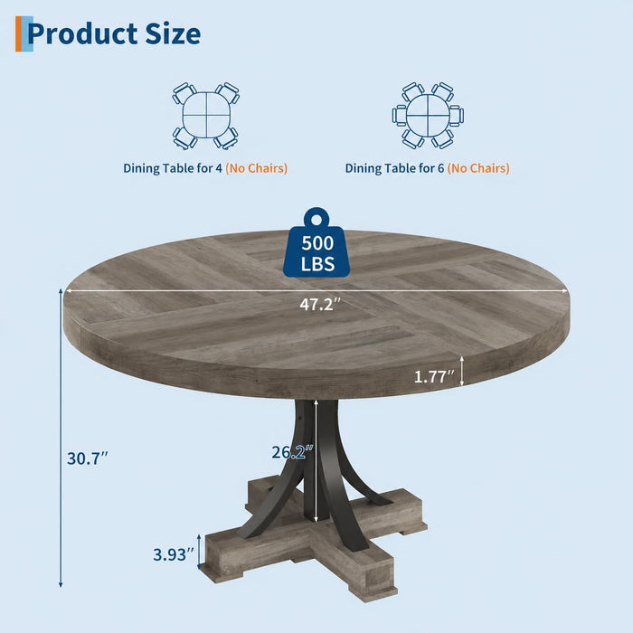 47IN Wood round Dining Table for 4-6，Farmhouse round Kitchen Table