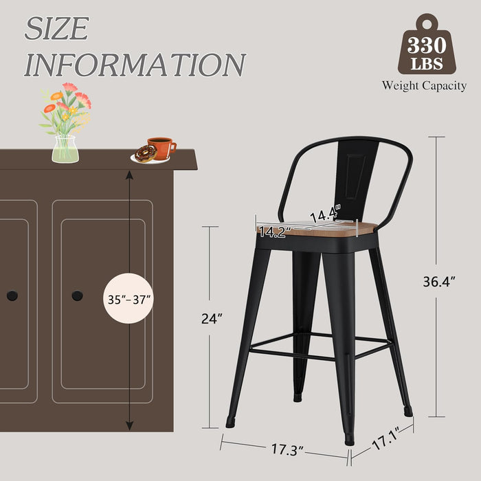 24" Swivel Metal Bar Stools Set of 4, High Back Counter Height Barstools Industrial Dining Bar Chairs with Large Wooden Seat-Matte Black