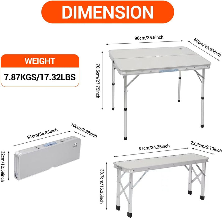 Picnic Table, Folding Picnic Table, Camping Table with 2 Bench, Hole for Umbrella, Mesh Net for Storage, Backyard, Party, Outdoor, Patio, Lawn