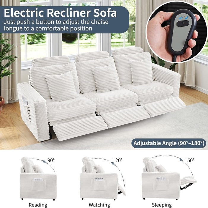 Recliner Sofa, 3 Seater Reclining Sofa with Pillows & Side Pockets, Comfy Corduroy Power Recliner Sectional Couches for Living Room, Apartment, Home Theater (White)