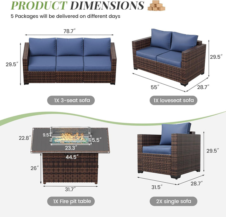 Oversized Outdoor Sectional Sofa Set with 44" Metal Fire Pit Table & Storage Coffee Table - Waterproof Wicker Patio Furniture Set, Modular Furniture with Removable Cushions (Navy)