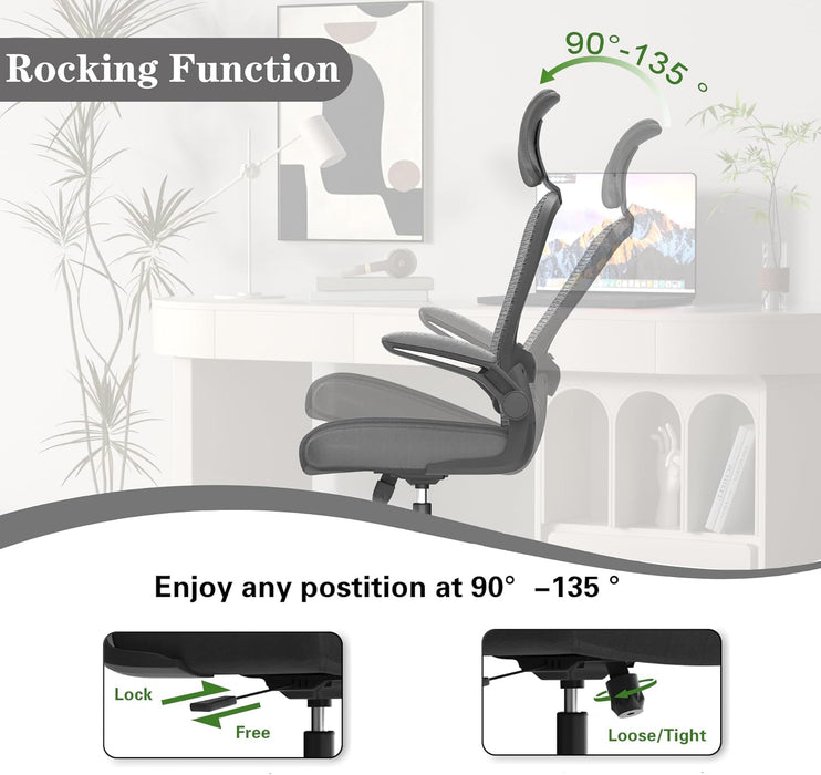 Ergonomic Mesh Office Chair, High Back Computer Desk Chair with Adjustable Lumbar Support & Headrest, Swivel Task Chair with Flip-Up Armrests for Home & Office (English, Dark Grey)