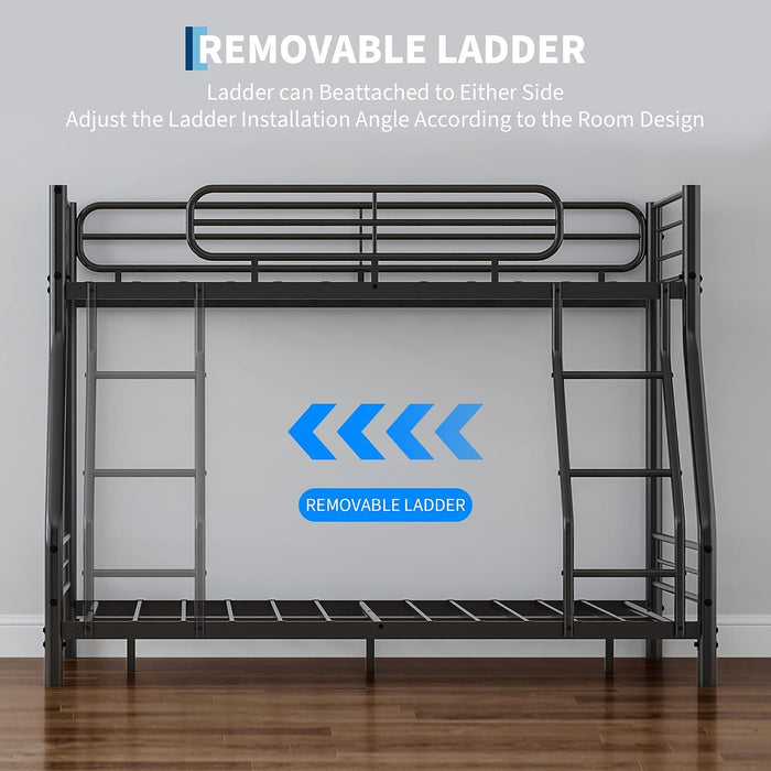 Twin over Full Bunk Bed Frame, Heavy Duty Metal Bunk Beds for Kids/Teens/Adults, 450 Lbs Upper & 500 Lbs Lower Capacity, Slot-Type Assembly, Reversible Ladder, 11.7" Safety Guardrails，Black