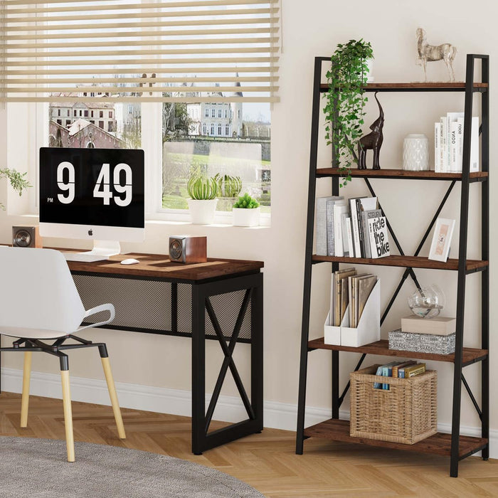 Ladder Shelf Bookcase, 5-Tier Industrial Ladder Bookshelf, Tall Living Room Shelves, Wood and Metal Leaning Shelf for Home Office, Kitchen, Bedroom, Balcony (Rustic Oak)