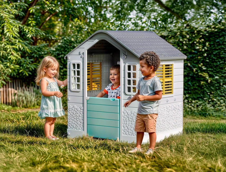 : Playhouse - White, Green, Yellow - Indoor & Outdoor Toy, Pretend Play, Sliding Shutters, Pet Gate, Waterproof Plastic, Toddler & Kids Ages 2+