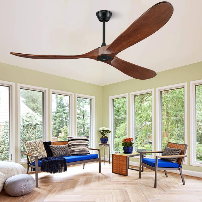 52" Ceiling Fans without Lights, Solid Wood Ceiling Fan with Remote Control and DC Motor, Ceiling Fan No Light with 3 Blades, Indoor Outdoor Ceiling Fans for Patios, Bedroom- Dark Walnut