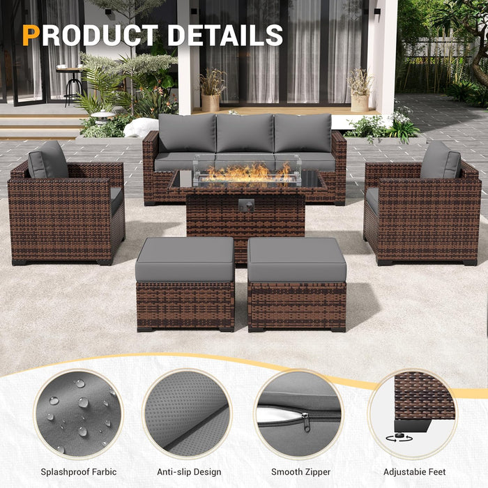 Outdoor Wicker Patio Furniture Set - 10 Pieces, Sectional Couch with Ottoman, Conversation Set with 44" Gas Fire Pit (Grey)