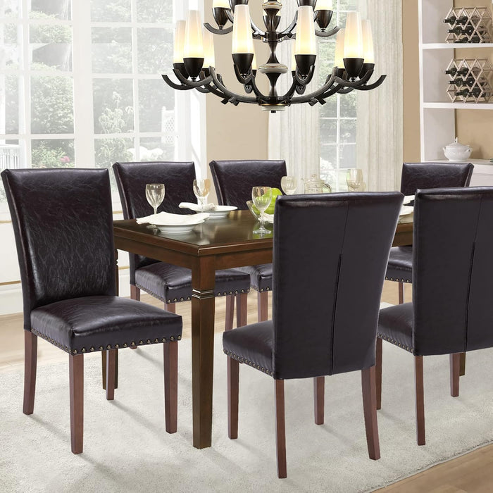 Parsons Dining Chairs Set of 4, Upholstered Nailhead PU Leather Dining Room Kitchen Side Chair with Thick Cushions and Wood Legs, Dark Brown