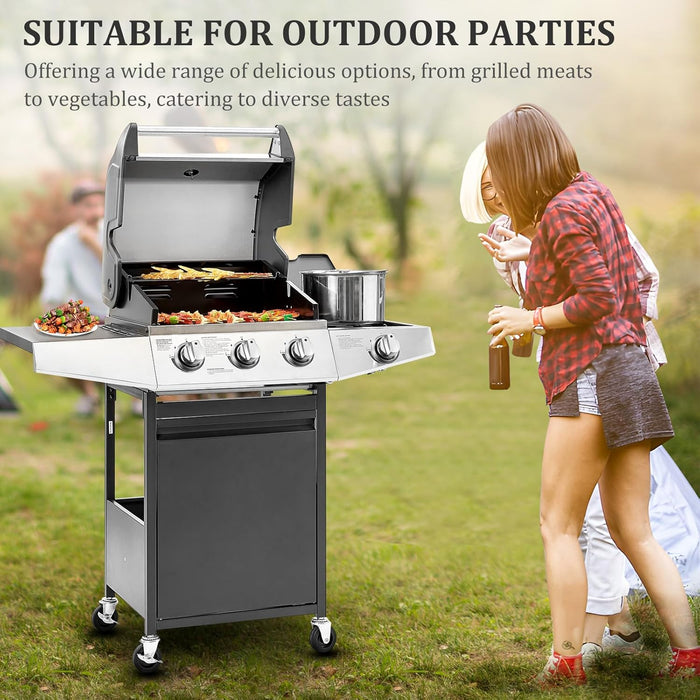 3-Burner Propane Gas BBQ Grill with Side Burner & Porcelain-Enameled Cast Iron Grates Built-In Thermometer, 39,000 BTU Outdoor Cooking, Patio, Garden Barbecue Grill, Black and Silver