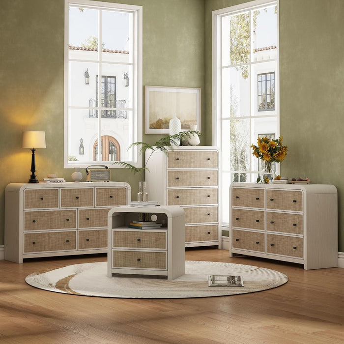 5 Drawer Tall Dresser for Bedroom, 47'' Rattan Dresser with Ample Storage, Boho Chest of Drawers, Thickened Curved Profile Design, Oak Dressers for Bedroom, Living Room