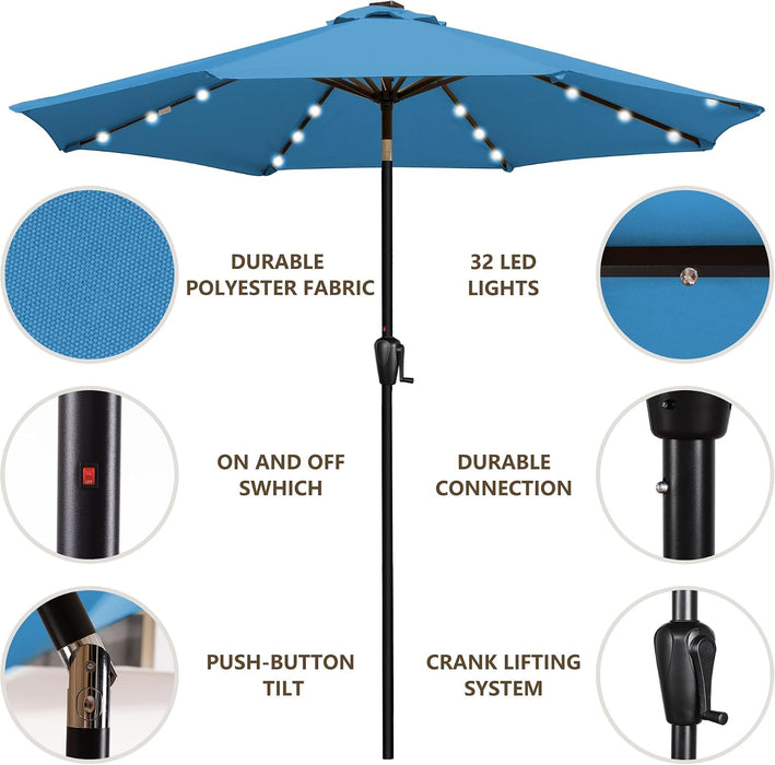 9' round Patio Umbrella with 32 Solar Powered LED Lights, Push-Button Tilt and Hand Crank Lift, Solar Umbrella in Teal for Porch, Deck, and Patio by
