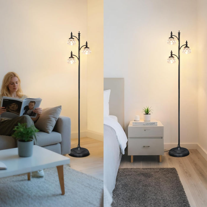 Black Floor Lamp for Living Room,Tall Standing Lamp Dimmable Tree Floor Lamps with 3 Rotatable Lights Glass Shade 66.5'' Modern Corner Lamp for Bedroom Office(3Led Bulbs Included)