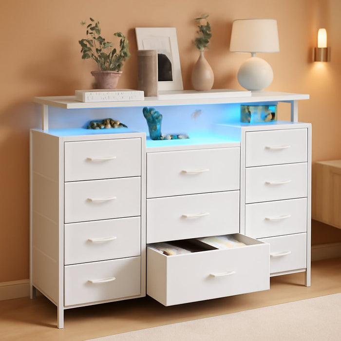 11 Drawers Dresser with Fabric Drawers,Charging Station, LED Lights and Shelves for Bedroom Storage Organization