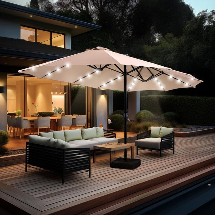 15 Ft Large Outdoor Patio Umbrella with Solar Led Lights & Base Included, Double-Sided Rectangular Table Umbrella with Stand, Market Umbrellas for Deck Poolside Garden Backyard, Beige