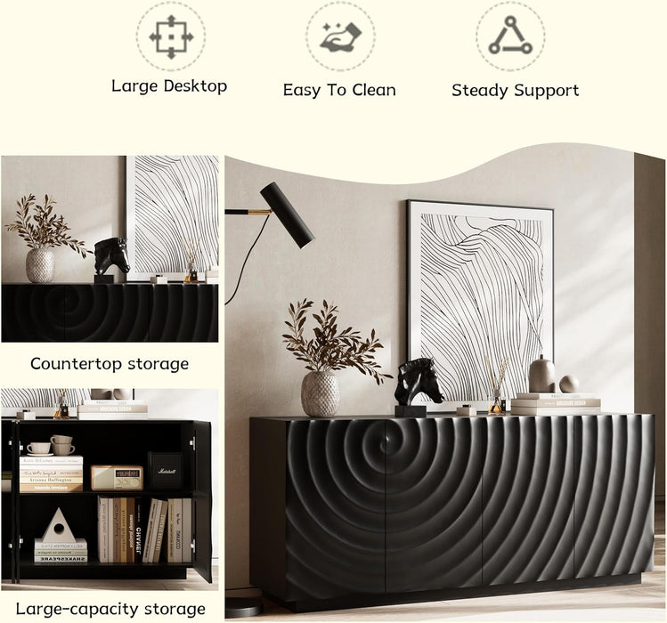 59" 4-Door Buffet Cabinet with Storage, Modern Accent Sideboard Buffet Table for Kitchen or Dining Room, Textured Ripple Front Freestanding Cabinet for Dishes & Decor, Black