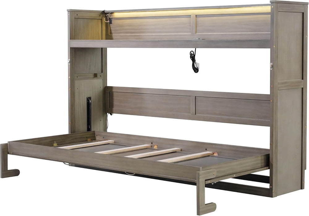 Twin XL Size Murphy Bed Cabinet Bed with Desk and USB Charging Station, Foldable Platform Bed Frame with Storage, Gray Wash