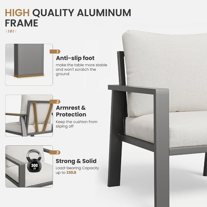 4-Piece Aluminum Outdoor Patio Furniture Sets All-Weather Patio Conversation Set Sectional Sofa with Coffee Table & Cushions with Removable Covers for for Deck Backyard Garden Poolside Balcony Porch