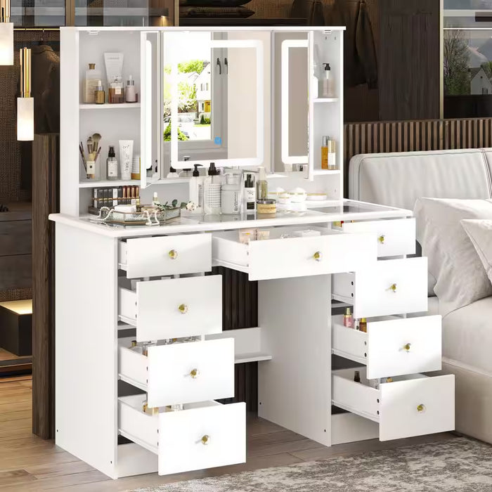 White Makeup Vanity Desk 9 Drawers Wood Dressing Table with 3 Mirrors, Glass Top, Hidden Storage Shelves, LED Lighted