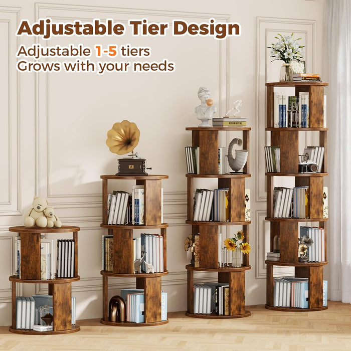 5 Tier Rotating Bookshelf Tower, 360° Display round Bookcase, Floor Standing Corner Revolving Bookshelf Organizer Storage Rack for Home Study Office, Walnut