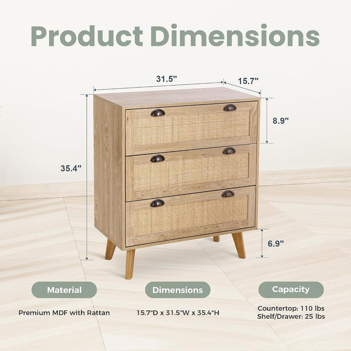 Natural Rattan Nightstand, 3 Drawer Dresser Bedside Table
