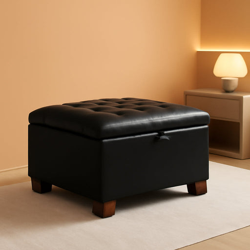 30" Faux Leather Square Storage Ottoman with Wooden Tray, Modern Tufted Button Footstool Coffee Table, Upholstered Large Ottoman for Living Room, Bedroom, Black