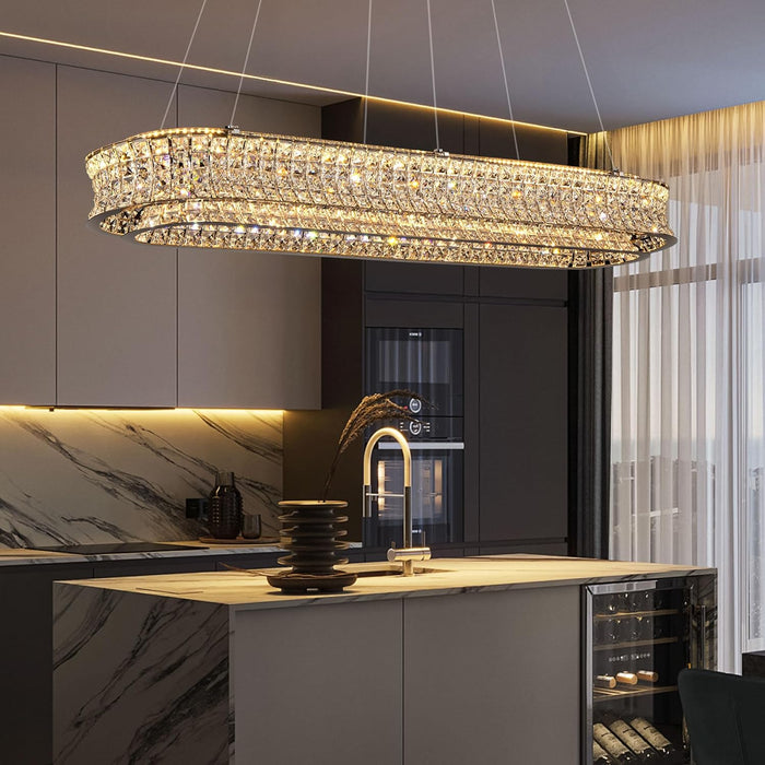 47" LED Rectangle Chrome Crystal Chandeliers for Dining Room, Rectangular Modern Crystal Oval Kitchen Chandelier, Dimmable LED Light Fixture with Remote, for Dining Room, Kitchen Island, Bar